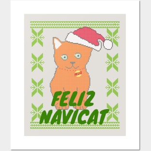 Ginger Feliz Navidad Cat, Feliz Navicat! Cute Orange Cat Ugly Christmas Sweater Posters and Art